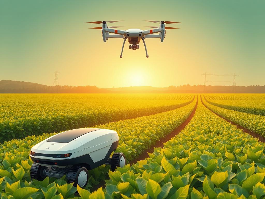 A modern, minimalist illustration of the latest agricultural technology trends. In the foreground, a sleek, autonomous agricultural robot navigates through a lush, verdant field, its precision tools tending to the crops. In the middle ground, a large agricultural drone hovers overhead, capturing aerial data and imagery to optimize crop yields. In the background, a network of interconnected IoT sensors monitors soil conditions, weather patterns, and other environmental factors, seamlessly relaying information to a central command center. The scene is bathed in a warm, golden light, conveying a sense of innovation, efficiency, and sustainable progress in the field of precision farming.