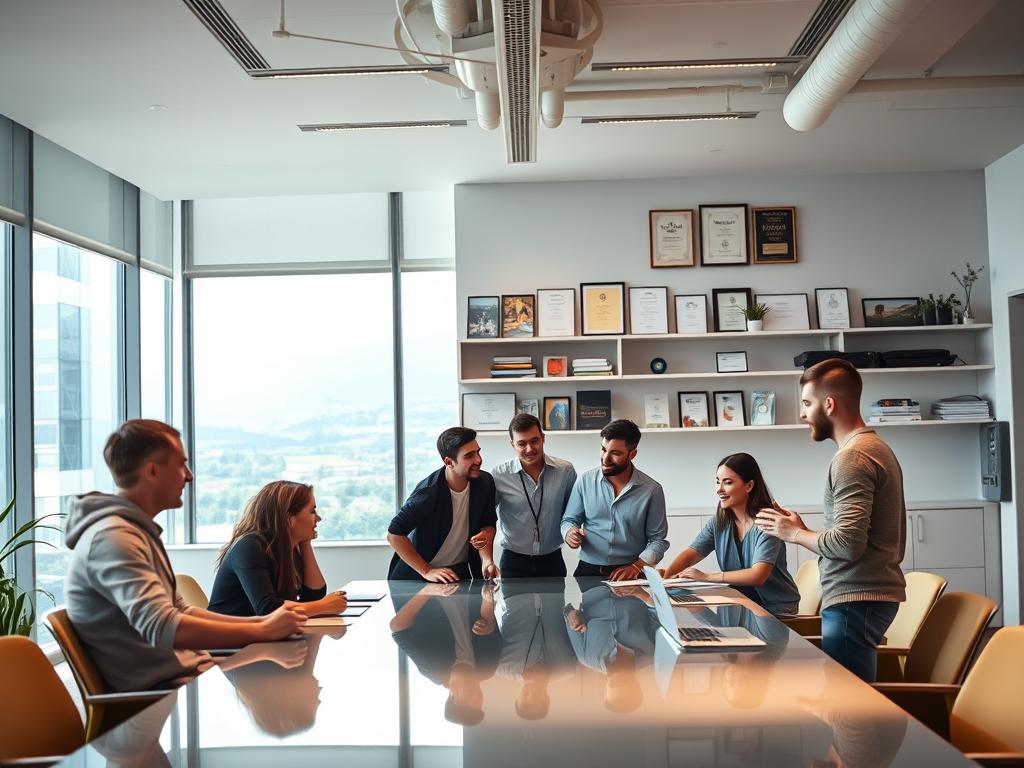 A modern, minimalist office space with a sleek, open-plan design. In the foreground, a group of young, dynamic entrepreneurs are collaborating around a large, glass-topped conference table, animated expressions and gestures as they discuss their latest business ideas. Soft, indirect lighting casts a warm glow, while the middle ground features floor-to-ceiling windows offering a panoramic view of the Bavarian countryside. In the background, shelves display an array of awards, certificates, and startup memorabilia, hinting at the successes and accolades of this thriving entrepreneurial community. An atmosphere of innovation, creativity, and regional pride permeates the scene.