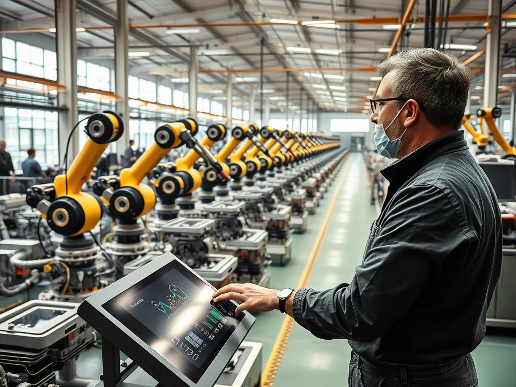 A modern production facility, where traditional craftsmanship blends seamlessly with cutting-edge technology. In the foreground, a skilled worker operates a sleek, touch-enabled control panel, overseeing the precise movements of robotic arms assembling intricate mechanical parts. In the middle ground, rows of gleaming machinery hum with efficiency, their LED displays showcasing real-time data analytics. The background reveals a sprawling, well-lit factory floor, with high ceilings and large windows that allow natural light to pour in, creating a warm and inviting atmosphere. The overall scene conveys a harmonious integration of old and new, where the wisdom of experienced artisans is amplified by the power of digital transformation.
