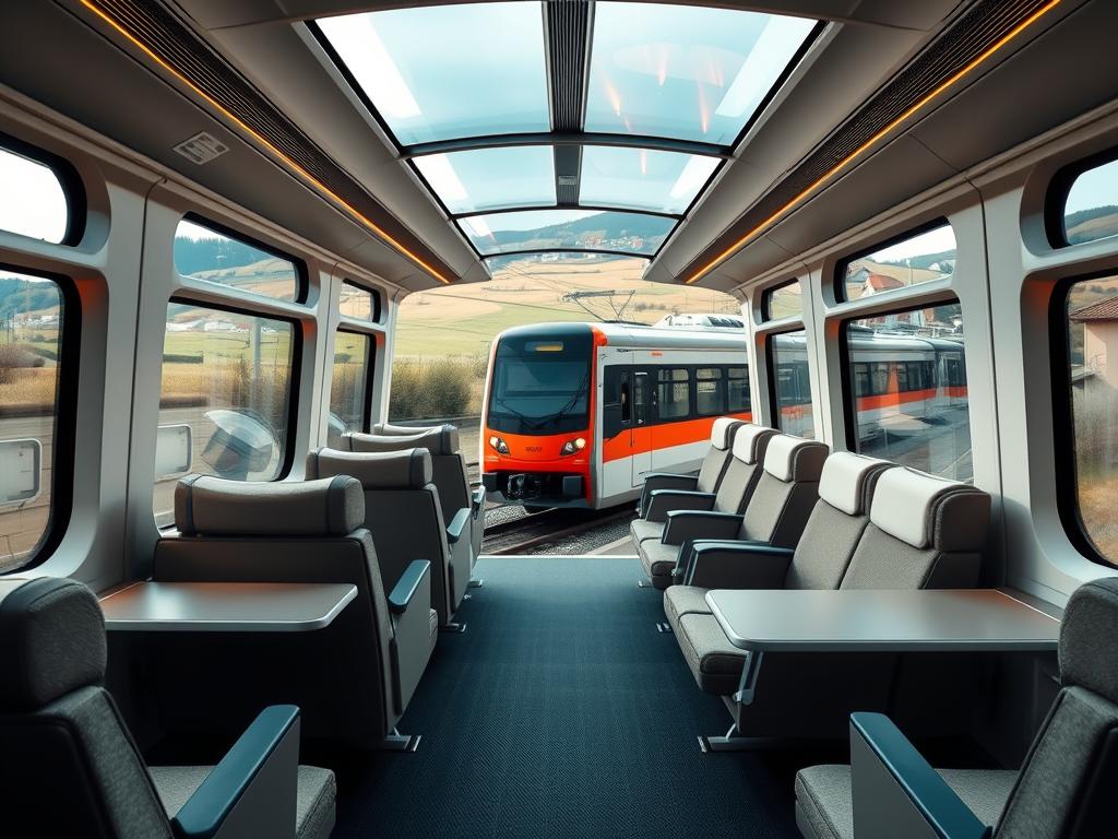 A modern, well-appointed train interior in Bavaria and Baden-Württemberg. The spacious first-class cabin features plush seating, abundant legroom, and large panoramic windows offering scenic countryside vistas. Warm, muted lighting creates a cozy ambiance, while sleek, minimalist design elements evoke a sense of elegant simplicity. In the background, the train glides smoothly along the tracks, its powerful electric engine propelling it through rolling hills and quaint villages. The overall scene conveys a comfortable, high-quality passenger experience befitting the region's renowned rail network.
