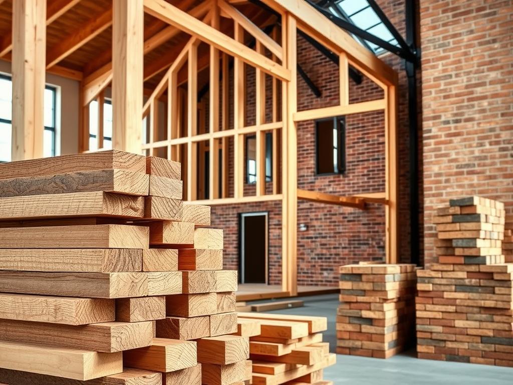 A modern, well-lit architectural scene showcasing the contrasting materials of timber construction and brick masonry. In the foreground, a stack of carefully sanded and finished wooden beams and boards, their natural grain and texture prominently displayed. In the middle ground, a partially constructed timber-framed house, the exposed wood frame complemented by the warm tones of red clay bricks used for the exterior walls. In the background, a stack of neatly organized bricks in various shades, hinting at the versatility of brick as a building material. The lighting is soft and diffused, casting gentle shadows that accentuate the tactile qualities of the materials. The overall scene conveys a sense of craftsmanship, innovation, and the harmonious blending of traditional and modern building techniques.