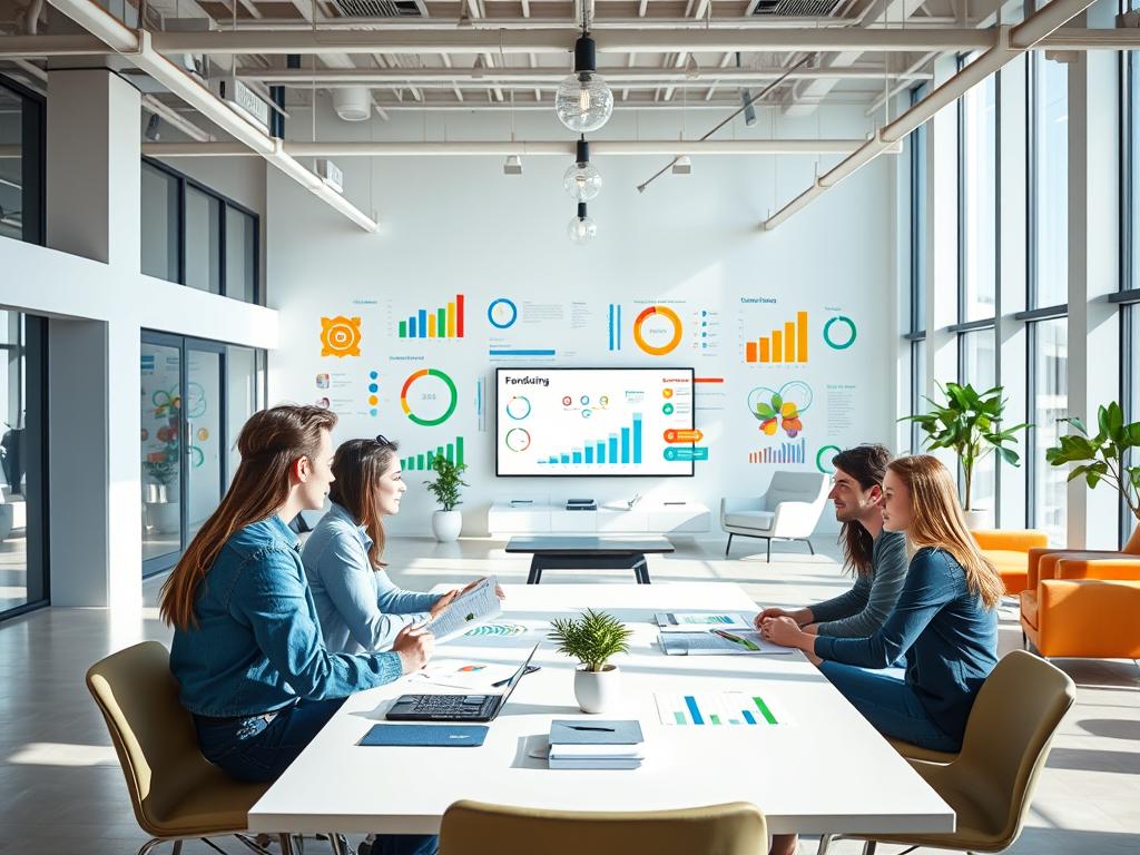 A modern, well-lit office interior with an open floor plan. In the foreground, a group of young, entrepreneurial-looking people are gathered around a table, deep in discussion. They appear to be reviewing financial documents and charts projected on a large screen behind them. In the middle ground, the walls are adorned with colorful infographics and diagrams illustrating various funding sources and investment opportunities for start-ups. The background features sleek, minimalist furniture and floor-to-ceiling windows, allowing natural light to flood the space and create a sense of vibrancy and possibility. The overall atmosphere conveys a dynamic, innovative, and collaborative environment conducive to start-up financing and growth.