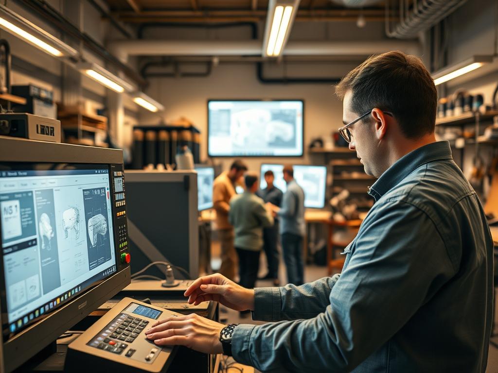 A modern workshop interior, bathed in warm, soft lighting. In the foreground, a skilled craftsperson intently monitors a computer-controlled machine tool, their hands deftly guiding the work. Sleek, state-of-the-art digital displays and controls dominate the workbench, seamlessly integrating traditional handwork with cutting-edge technology. In the middle ground, workers collaborate around a large touchscreen, reviewing 3D models and schematics. The background reveals a well-organized space, filled with high-tech equipment and specialized tools, all working in harmony to support the artisanal process. An atmosphere of focused, innovative craftsmanship pervades the scene, showcasing the evolution of traditional trades in the digital age.