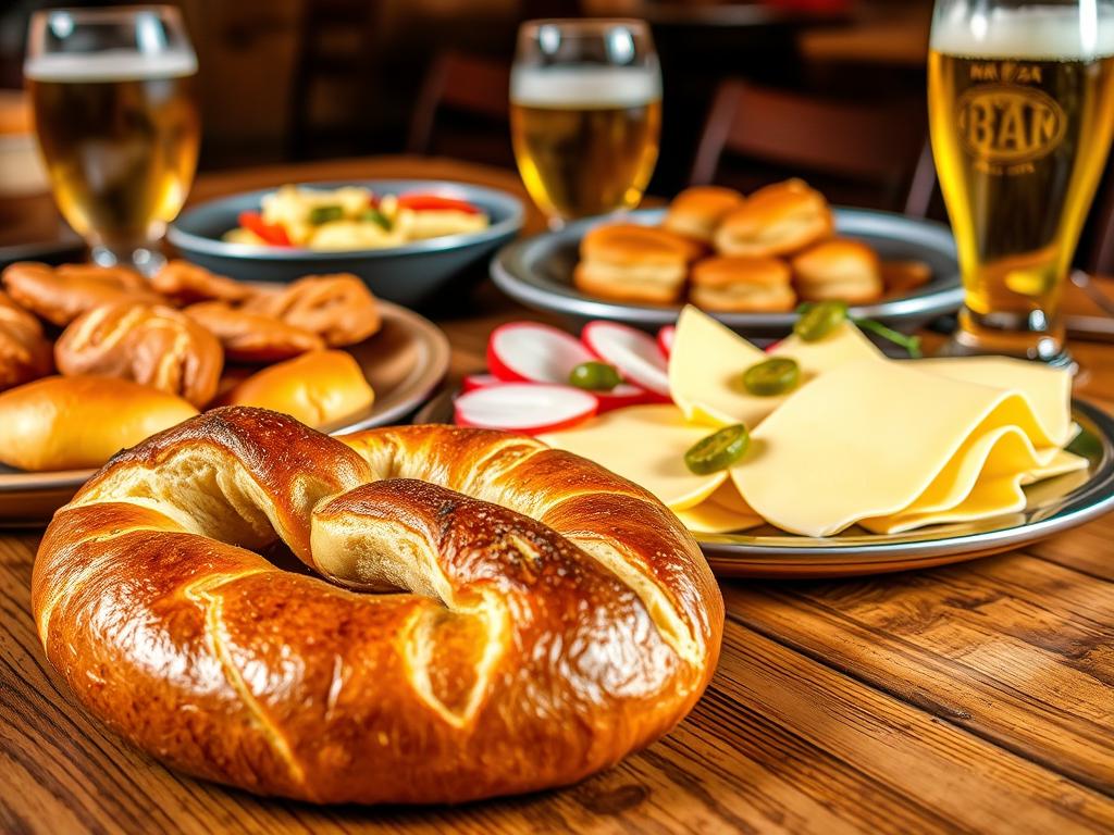 A mouth-watering spread of traditional Bavarian dishes, including a freshly baked Bretzel (pretzel) in the foreground, resting on a wooden table. In the middle ground, a platter showcases slices of creamy Obazda (Bavarian cheese spread), accompanied by crunchy radishes and cornichons. In the background, a glimpse of other regional specialties, such as hearty Maultaschen (Swabian pasta pockets) and a glass of golden Weißbier (Bavarian wheat beer), all illuminated by warm, natural lighting, capturing the cozy, rustic atmosphere of a Bavarian tavern.