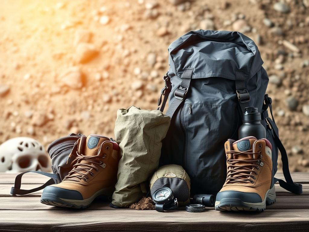A neatly arranged composition of high-quality hiking and camping gear, including a sturdy backpack, waterproof jacket, comfortable boots, a compass, and a water bottle, all resting on a wooden surface with a natural, earthy backdrop. The lighting is soft and diffused, creating a warm, inviting atmosphere that evokes a sense of adventure and preparation for an upcoming outdoor excursion. The image conveys a sense of organization, functionality, and attention to detail, reflecting the thoughtful planning and care that goes into equipping oneself for a successful and enjoyable hiking experience.