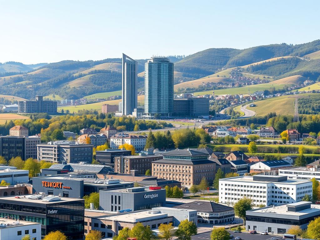 A panoramic view of the diverse business landscape in Southern Germany, showcasing an array of enterprises in various sizes. In the foreground, bustling small and medium-sized companies, their sleek modern buildings and bustling activity captured in a crisp, high-resolution rendering. In the middle ground, towering corporate headquarters stand tall, their architectural elegance reflected in the precision of their design. The background features a hilly, lush countryside, dotted with quaint villages and winding roads, creating a harmonious blend of urban and rural elements. The lighting is natural, with a soft, warm glow that enhances the sense of vibrancy and opportunity. The overall scene conveys the dynamic, multifaceted nature of the region's business landscape, primed to offer a diverse range of training and employment prospects.