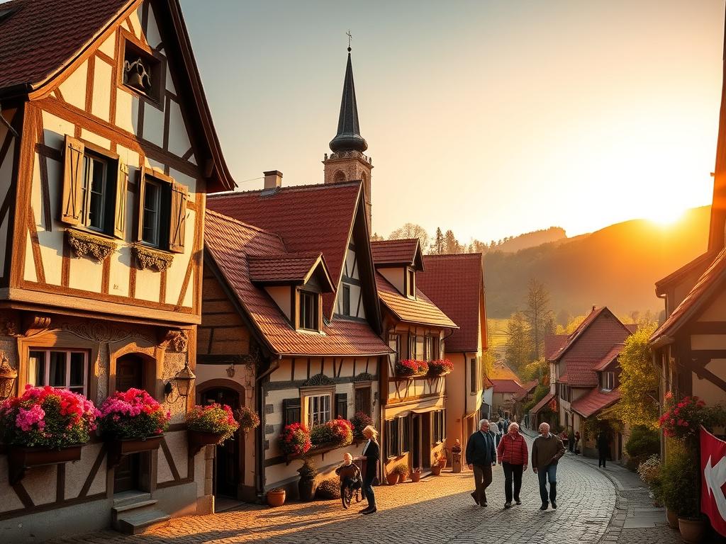 A picturesque Swabian village nestled in the rolling hills of southern Germany, bathed in the warm glow of the afternoon sun. Quaint half-timbered houses with red-tiled roofs line cobblestone streets, their facades adorned with intricate carvings and ornate window boxes overflowing with vibrant flowers. In the distance, a steepled church tower rises, its bells ringing out across the tranquil scene. Elderly locals converse in the distinctive Swabian dialect, their lively gestures and animated expressions conveying the rich cultural heritage of the region. The atmosphere is one of timeless charm and rustic authenticity, capturing the essence of this unique linguistic and architectural tradition.
