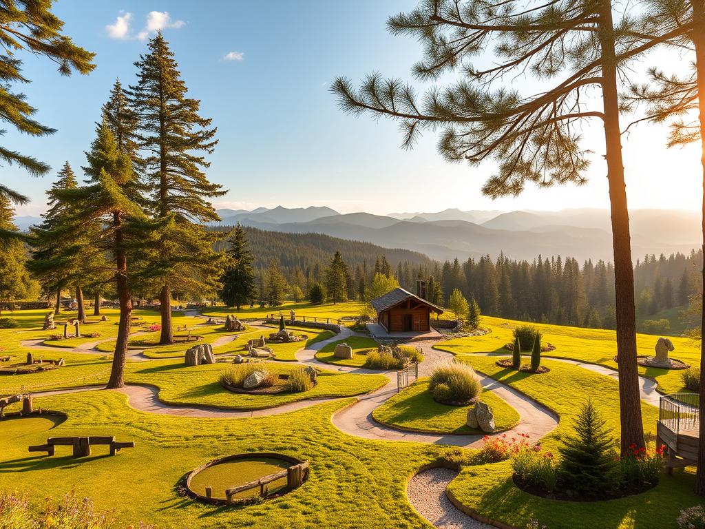 A picturesque adventure golf course nestled in the lush, rolling hills of Baden-Württemberg. In the foreground, a series of whimsical, obstacle-filled holes wind through a verdant landscape, inviting visitors to test their putting skills. Towering pine trees and vibrant wildflowers line the fairways, creating a serene and nature-inspired atmosphere. The middle ground features a charming wooden clubhouse, its rustic charm complementing the natural surroundings. In the background, the distant peaks of the Schwarzwald (Black Forest) mountains provide a majestic backdrop, hinting at the region's abundant outdoor recreation opportunities. Warm, golden sunlight filters through the trees, casting a soft, inviting glow over the entire scene and capturing the family-friendly appeal of this unique adventure golf experience.