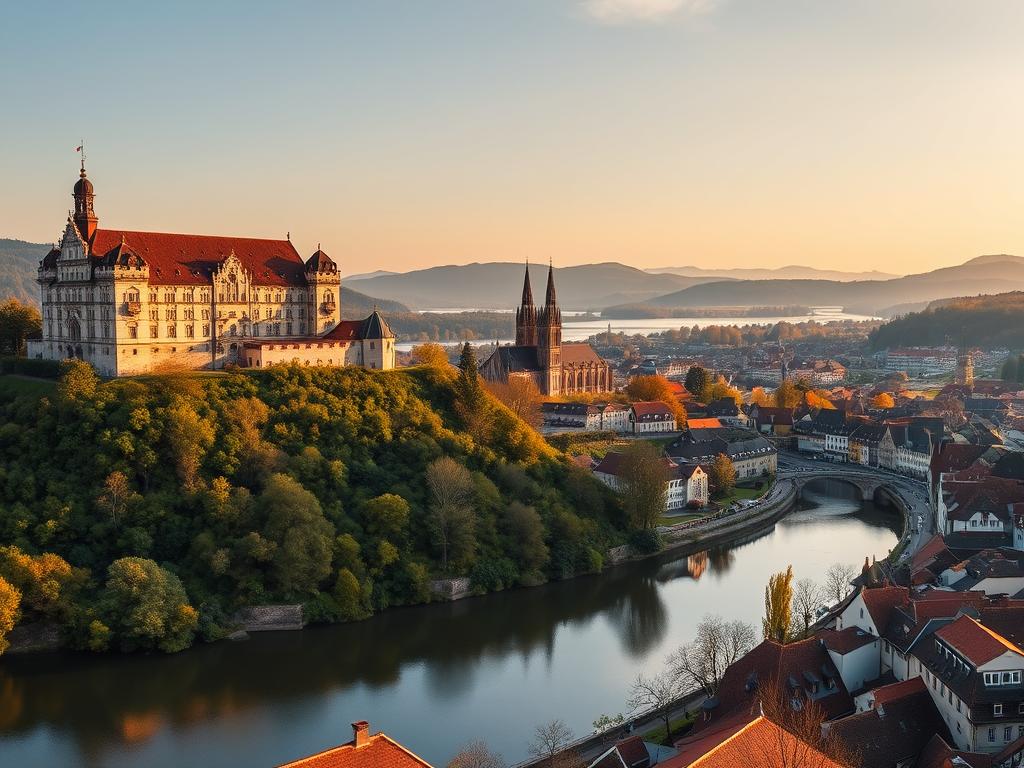 A picturesque aerial view of the cultural highlights of Baden-Württemberg, Germany. In the foreground, the imposing Heidelberg Castle stands atop a lush green hill, its red-tiled roofs and ornate facades reflecting in the calm waters of the Neckar River below. In the middle ground, the spires of Freiburg Minster and the charming medieval streets of Tübingen come into focus, bathed in warm, golden afternoon light. In the distant background, the rolling hills and dense forests of the Black Forest region create a serene, postcard-worthy backdrop. The overall scene captures the rich historical and architectural heritage of this culturally vibrant German state, inviting the viewer to discover its hidden gems.