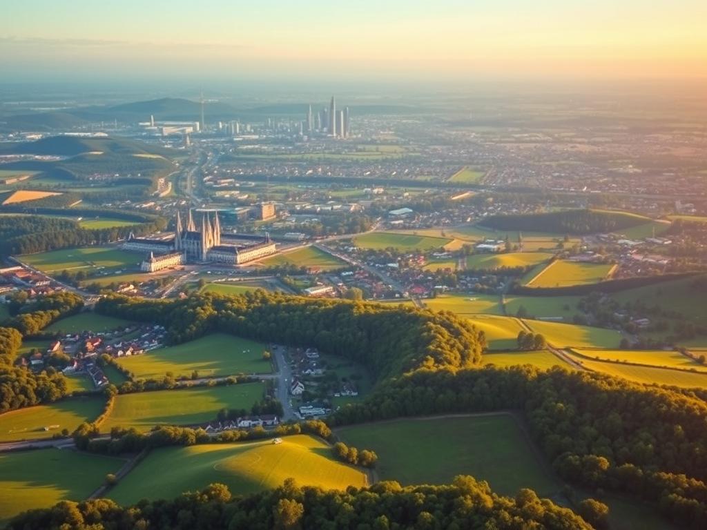 A picturesque aerial view of the diverse landscape of Baden-Württemberg, Germany. In the foreground, a lush green countryside dotted with charming villages and rolling hills. In the middle ground, the skylines of bustling cities like Stuttgart and Mannheim emerge, their modern architecture complementing the historical landmarks. The background fades into a hazy blue horizon, hinting at the vast expanse of the state. The scene is bathed in warm, golden hour lighting, creating a serene and inviting atmosphere that captures the essence of the region's thriving real estate market.