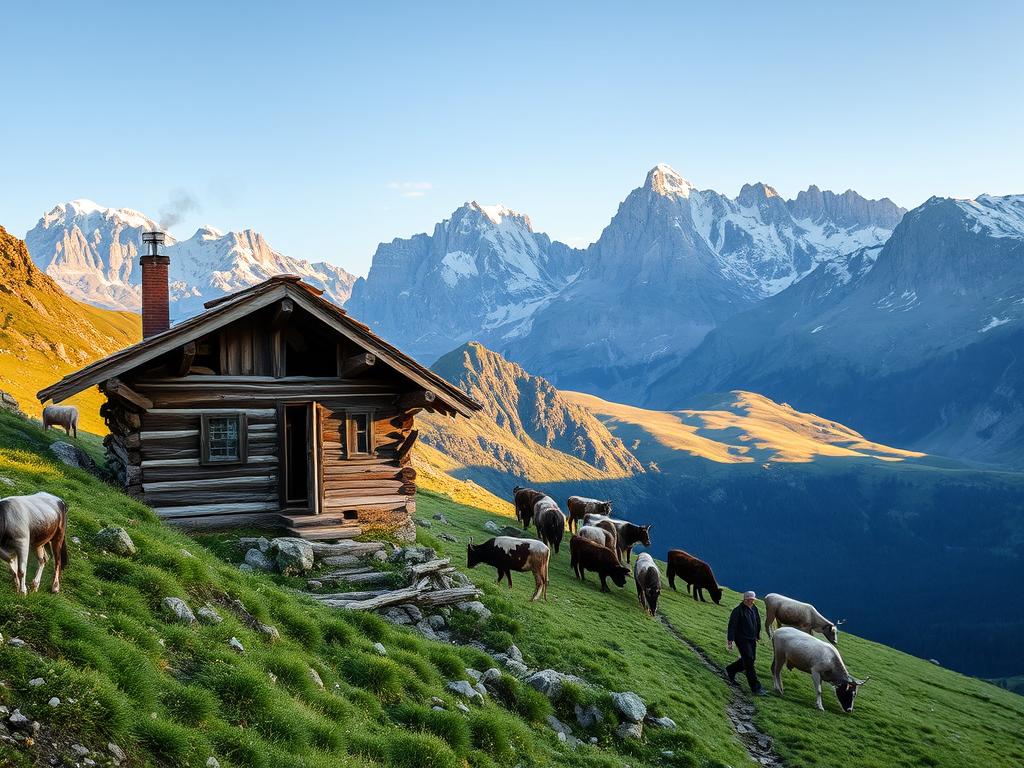 A picturesque alpine pasture nestled in the breathtaking Allgäu region, where a lone shepherd tends to his herd. Rugged peaks rise in the distance, their snow-capped summits glowing in the warm afternoon light. In the foreground, the shepherd navigates the steep, rocky terrain, guiding his cattle to lush, verdant grazing areas. The weathered wooden hut, a symbol of the region's rich pastoral heritage, stands as a testament to the challenges and complexities of traditional alpine farming. Wisps of smoke curl from the chimney, hinting at the rustic lifestyle and hard-earned sustenance that unfolds within. This image captures the timeless, yet precarious, nature of the sennery - a way of life that persists in the face of modern pressures and evolving landscapes.