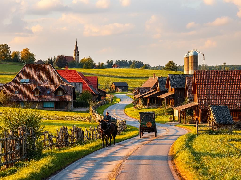 A picturesque country road winds through a lush, rolling landscape dotted with quaint farmhouses, their tiled roofs and weathered wooden facades basking in the warm, golden light of a late afternoon sun. In the distance, a small village church steeple rises above the treetops, its bells faintly chiming. Rustic barns and silos stand as sentinels, their weathered boards and tin roofs reflecting the rural character of the scene. A horse-drawn cart ambles along the road, its driver tending to his livestock, while nearby, a farmer tends to his fields, the rich scent of freshly tilled earth mingling with the sweet fragrance of wildflowers. This idyllic, tranquil setting captures the essence of the challenges and joys of rural living in southern Germany.