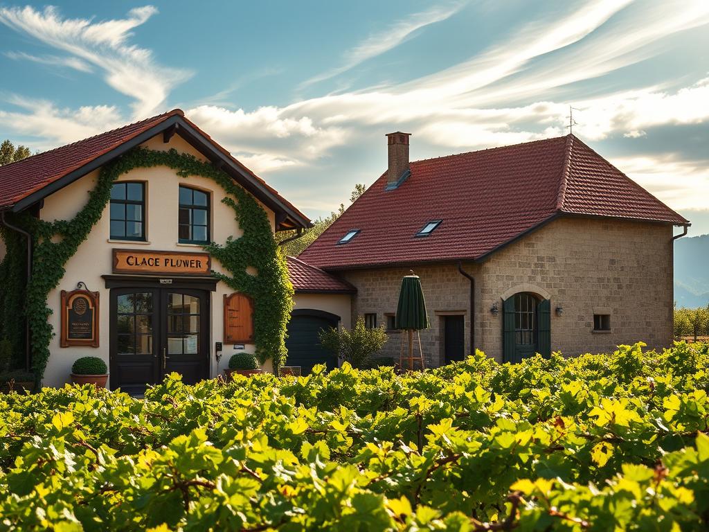 A picturesque family-owned winery nestled in the idyllic Baden wine region. The front façade, adorned with climbing vines and a charming wooden sign, exudes a warm, rustic ambiance. In the foreground, a well-tended vineyard stretches out, the lush green vines gently swaying in the soft breeze. The middle ground features a traditional stone building, its weathered walls and terracotta roof tiles reflecting the region's centuries-old wine-making heritage. Sunlight filters through wispy clouds, casting a soft, golden glow over the entire scene. The overall mood is one of tranquility, tradition, and a deep passion for the art of winemaking, perfectly capturing the essence of this family-run Weingut.