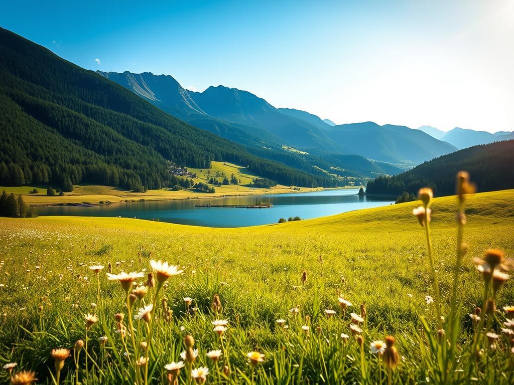 A picturesque landscape of the state of Baden-Württemberg, Germany, showcasing its natural beauty and scenic wonders. In the foreground, a rolling meadow dotted with wildflowers sways gently in the breeze. In the middle ground, a tranquil lake reflects the azure sky and the surrounding verdant hills. In the background, the majestic peaks of the Black Forest rise up, their slopes covered in dense, evergreen forests. The lighting is soft and warm, creating a serene and inviting atmosphere, as if beckoning the viewer to explore the region's daily goals and objectives. The composition is balanced and harmonious, capturing the essence of this vibrant and prosperous state.