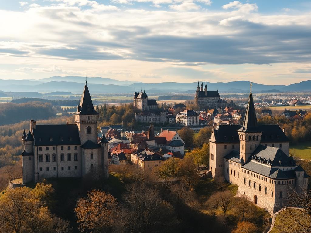 A picturesque panorama of iconic German castles and fortresses, set against a sweeping landscape of rolling hills, lush forests, and a majestic sky. In the foreground, the imposing silhouettes of grand medieval castles stand tall, their turrets and battlements casting dramatic shadows. In the middle ground, a cluster of quaint, historical towns nestled among the hills, their charming architecture and cobblestone streets hinting at a rich cultural heritage. In the distance, the silhouettes of more castles and ruins dot the horizon, beckoning the viewer to explore these treasures of German history. The scene is bathed in a warm, golden light, creating a sense of timeless grandeur and enchantment. Technical details: wide-angle lens, low camera angle to emphasize the scale and majesty of the structures, natural lighting with some directional illumination to highlight the architectural features.
