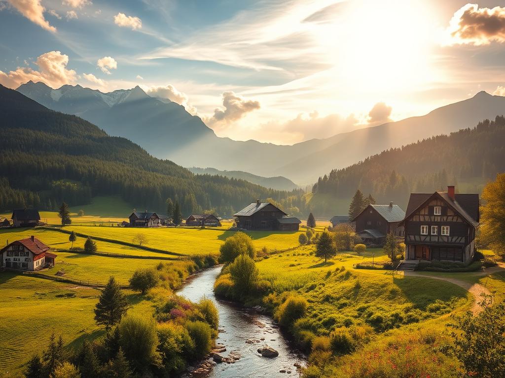 A picturesque rural German landscape with rolling hills, lush meadows, and quaint villages nestled among verdant forests. In the foreground, a winding river meanders through the idyllic countryside, its banks dotted with colorful wildflowers. Towering mountains rise in the distance, their peaks capped with snow. Warm, golden sunlight filters through wispy clouds, casting a soft, dreamy glow over the scene. Traditional half-timbered houses and charming barns dot the landscape, their weathered facades complemented by lush, overgrown gardens. A sense of tranquility and timelessness pervades the image, inviting the viewer to immerse themselves in the timeless beauty of the German countryside.