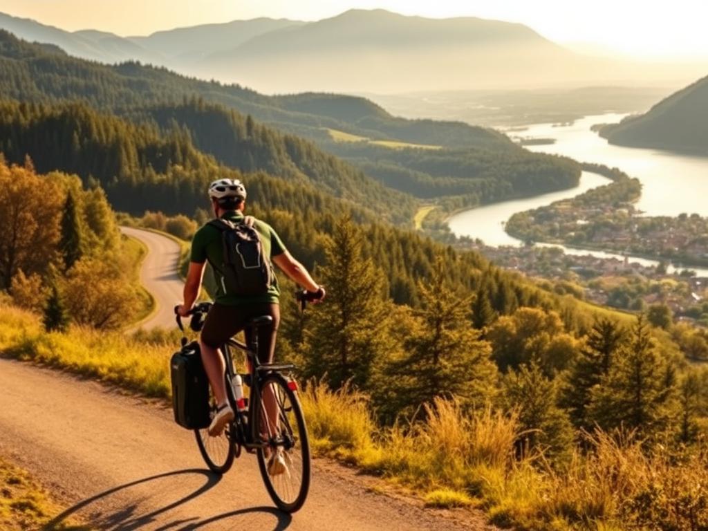 A picturesque scene of a cyclist navigating the scenic Danube Valley. In the foreground, a rider on a sturdy touring bicycle confidently navigates the winding path, their gear neatly packed in a pannier. The middle ground showcases the lush, rolling hills and dense forests characteristic of the Donautal region, bathed in warm, golden afternoon light. In the distance, the majestic Danube river flows serenely, its banks dotted with quaint riverside towns. The overall mood is one of peaceful adventure, capturing the essence of an idyllic bike tour through this picturesque German landscape.