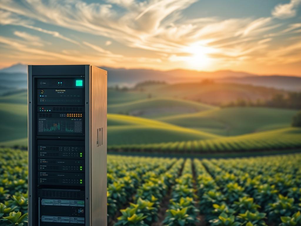 A precision-engineered agricultural data hub set against a backdrop of lush farmlands. In the foreground, a sleek, modern server rack housing a network of sensors and processors, its LED indicators pulsing with real-time data. In the middle ground, rolling hills dotted with rows of crops, their verdant foliage stretching to the horizon. Overhead, wispy clouds drift across a sky illuminated by warm, golden sunlight, casting a soft, natural glow over the entire scene. The atmosphere conveys a sense of technological innovation harmoniously integrated with the tranquil, bucolic setting of a thriving, sustainable agricultural ecosystem.