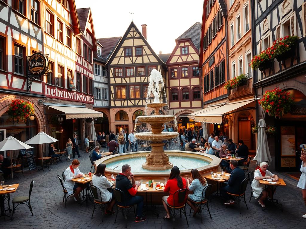 A quaint Bavarian town square bustling with traditional Wirtshäuser (taverns), their charming facades adorned with ornate woodcarvings and wrought-iron signage. Soft golden light filters through the historic buildings, casting a warm, inviting glow over the cobblestone streets. At the center, a grand fountain gurgles peacefully, surrounded by locals and tourists savoring the region's famed Schmankerl (delicacies) at cozy outdoor tables. The aroma of freshly baked pretzels, sizzling Weisswurst, and frothy Helles beer fills the air, creating a quintessentially Bavarian atmosphere. A picturesque scene that captures the essence of where to indulge in the best of traditional Bavarian cuisine.