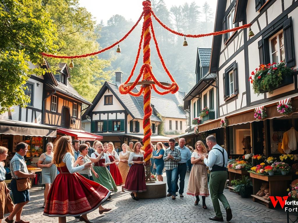 A quaint village square bustles with activity, the centerpiece a towering maypole adorned with vibrant garlands. Locals in traditional folk costumes twirl and dance, laughter echoing through the air. In the background, stalls selling handcrafted wares, local delicacies, and colorful flowers line the cobblestone streets. Sunlight filters through the trees, casting a warm, golden glow over the scene. The atmosphere is one of community, tradition, and a deep appreciation for the rhythms of rural life. A sense of timelessness pervades, as if this could be a moment plucked from a bygone era. This is the essence of the Dorffest, a cherished celebration that brings a village together in shared joy and cultural heritage.