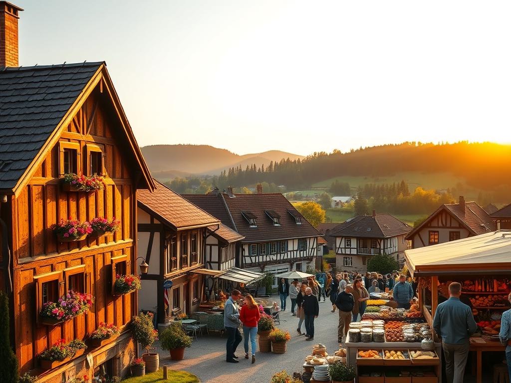 A rustic Bavarian countryside scene, bathed in warm golden hour lighting. In the foreground, a traditional wooden farmhouse with gabled roof and ornate window boxes overflowing with vibrant flowers. Beside it, a quaint village square lined with historic buildings and old-world charm. In the middle ground, locals gathered around a bustling open-air market, examining an array of freshly harvested produce, artisanal cheeses, and handcrafted wares - the culinary heritage of the region on vibrant display. In the distance, rolling hills dotted with lush vineyards and dense forests, a picturesque backdrop to this timeless slice of Bavarian culture. The overall mood is one of peaceful reverence for time-honored traditions and a celebration of the region's rich culinary legacy.