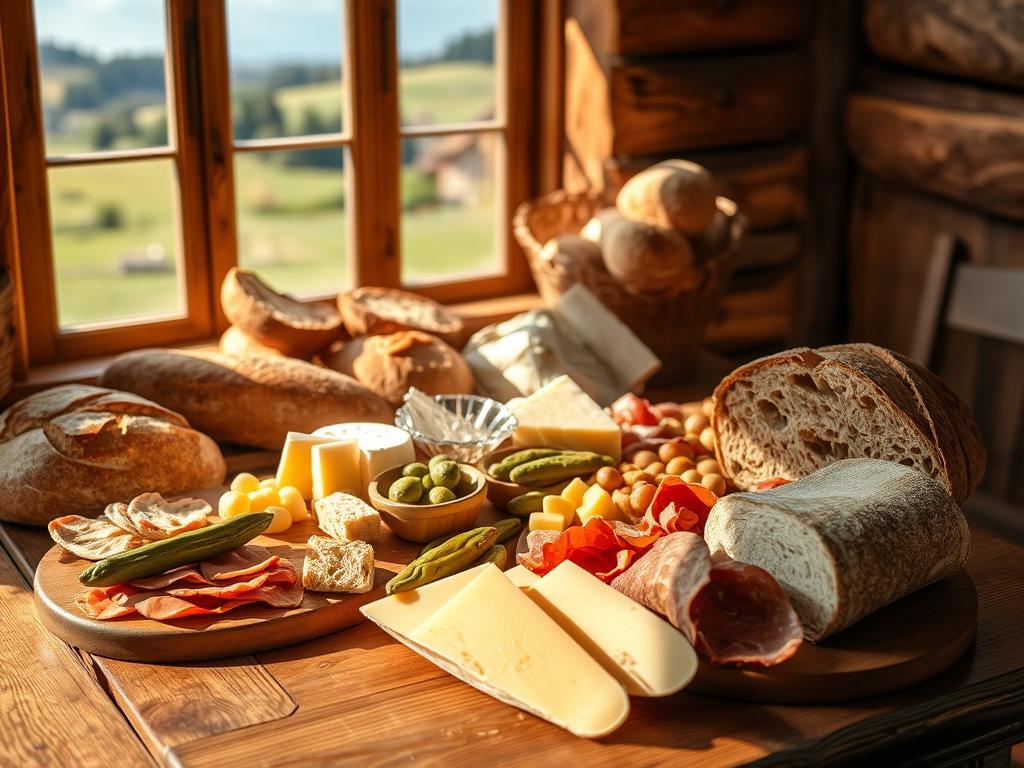 A rustic wooden table set with an assortment of freshly baked bread, from hearty rye to fluffy white, accompanied by a selection of cured meats, rich cheeses, and tangy pickles. The scene is bathed in warm, natural light, casting a cozy and inviting atmosphere. In the background, a window frames a picturesque countryside landscape, hinting at the pastoral origins of this traditional German "Brotzeit" spread. The arrangement is artfully composed, with each element carefully placed to create a visually appealing and mouthwatering display, perfectly capturing the essence of a quintessential Bavarian or Swabian afternoon feast.