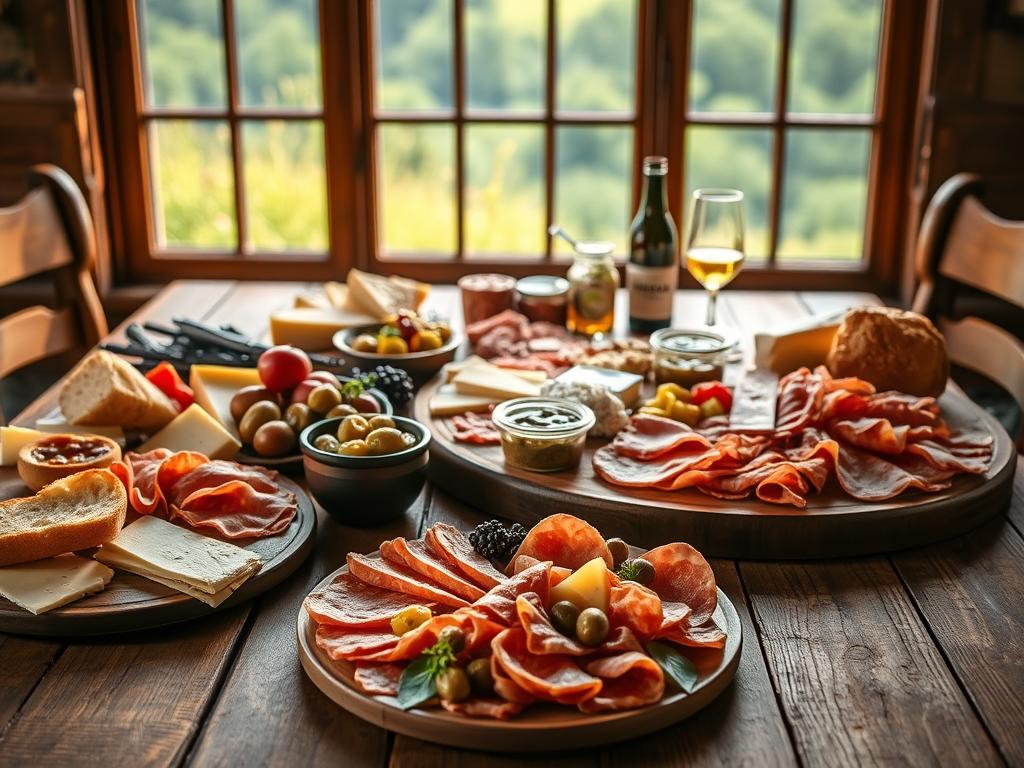 A rustic wooden table set with an assortment of traditional Bavarian Brotzeit dishes. In the foreground, a platter of assorted cold cuts, cheeses, and sliced bread. In the middle ground, a large charcuterie board with an array of pickles, olives, and condiments. In the background, a window overlooking a lush, verdant landscape. Warm, soft lighting illuminates the scene, casting a cozy, inviting ambiance. The composition highlights the hearty, comforting nature of these beloved Brotzeit specialties from Southern Germany.