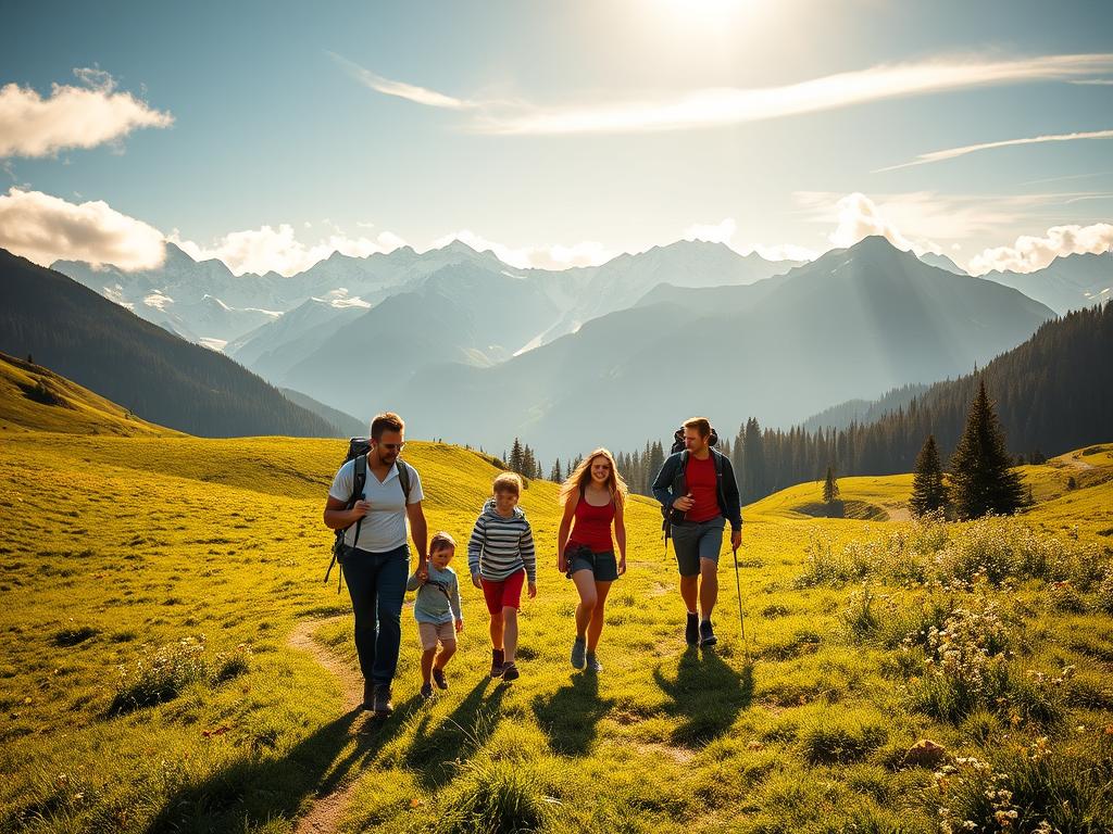 A scenic alpine landscape in the afternoon sun, with a family of four - parents and two young children - hiking together on a winding trail through lush green meadows dotted with wildflowers. In the middle ground, they pause to admire the majestic snow-capped peaks of the Bernese Oberland in the distance, casting long shadows across the scene. Warm, golden light filters through wispy clouds, creating a sense of tranquility and shared appreciation for the natural beauty surrounding them. The family's expressions convey a feeling of togetherness, adventure, and wonder as they experience the joys of an active outdoor excursion in the heart of the Alps.