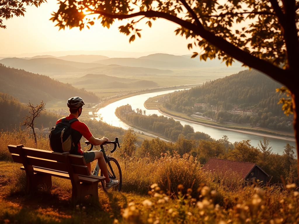 A scenic bicycle tour along the Danube valley, with a serene, peaceful atmosphere. A picturesque landscape of rolling hills, lush forests, and the meandering Danube river in the foreground. A cyclist rests on a wooden bench, surrounded by wildflowers, taking in the tranquil view. Warm, golden-hour lighting bathes the scene, creating a cozy, inviting ambiance. In the distance, quaint, historic villages dot the horizon, hinting at potential overnight accommodations along the Danube cycling route. A sense of adventure and relaxation pervades the image, capturing the essence of an idyllic Danube valley cycling tour.