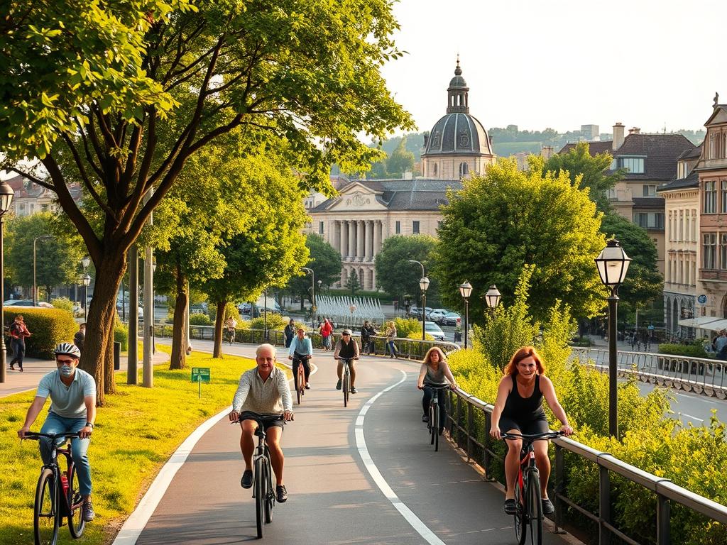 A scenic cityscape in southern Germany, showcasing modern bicycle infrastructure. In the foreground, a dedicated bike lane winds through the urban landscape, with cyclists of diverse ages and genders confidently navigating the well-marked path. In the middle ground, lush trees and greenery line the streets, providing shade and a sense of environmental harmony. In the background, a blend of historic and contemporary architecture frames the scene, reflecting the region's rich cultural heritage. Warm, golden sunlight filters through, creating a welcoming and inviting atmosphere. The image should convey a sense of progress, sustainability, and a vibrant, bike-friendly community.