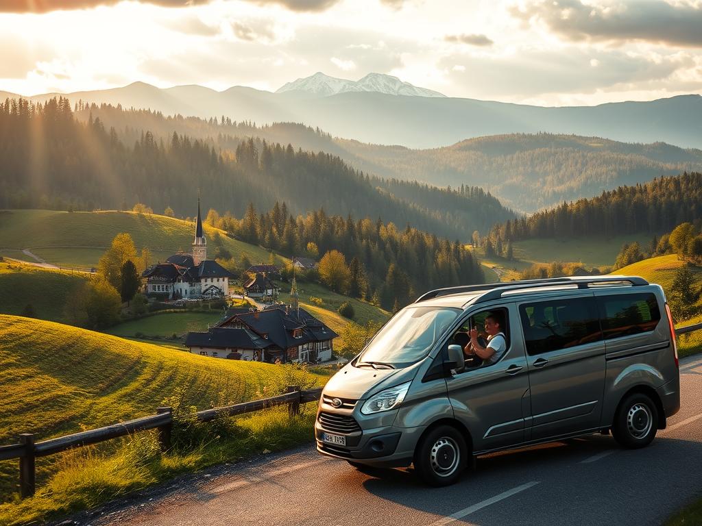 A scenic family-friendly road trip through the lush landscapes of Baden-Württemberg, Germany. In the foreground, a modern family minivan navigates a winding mountain road, its occupants eagerly anticipating their adventure. The middle ground showcases rolling hills dotted with quaint villages, their half-timbered houses and church steeples peeking through the verdant foliage. In the background, the majestic silhouettes of the Black Forest mountains rise majestically, their peaks capped with a dusting of snow. Warm sunlight filters through the clouds, casting a golden glow over the entire scene, evoking a sense of excitement and exploration. The overall atmosphere conveys the joy and freedom of a perfect family getaway in the heart of Baden-Württemberg.