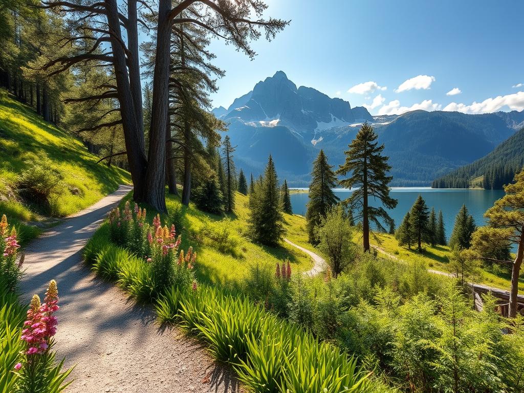 A scenic hiking trail winds through a lush, verdant landscape in the Bavarian countryside. The foreground features a well-maintained, gravel path flanked by vibrant wildflowers and ferns. Towering, snow-capped peaks rise in the middle distance, their jagged silhouettes reflected in a crystal-clear alpine lake. Dappled sunlight filters through the canopy of ancient, gnarled trees that line the trail, casting a warm, golden glow over the serene scene. A sense of tranquility and natural beauty pervades the atmosphere, inviting the viewer to embark on an enchanting, off-the-beaten-path adventure in the heart of Bavaria.