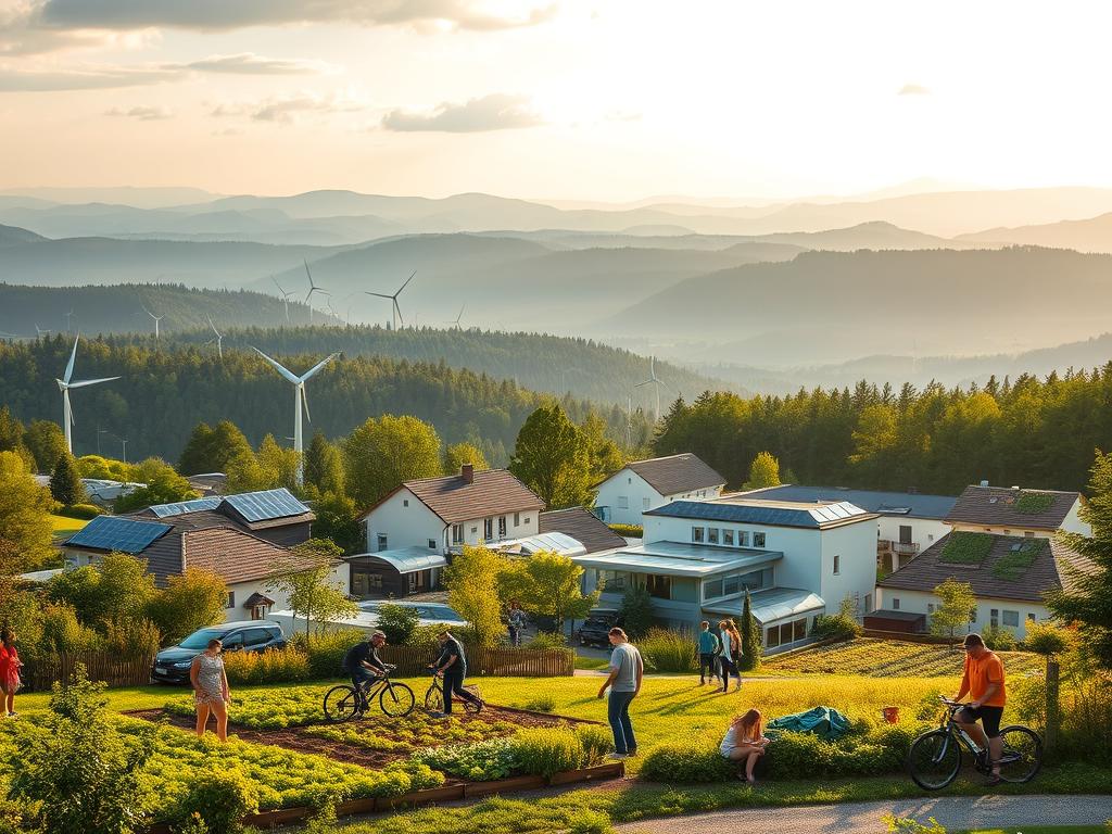 A scenic landscape depicting the state of Bavaria, Germany, showcasing innovative and sustainable environmental solutions. In the foreground, a group of people are engaged in various eco-friendly activities, such as tending to a community garden, cycling, or participating in a recycling initiative. The middle ground features modern, energy-efficient buildings and infrastructure, including solar panels, wind turbines, and green roofs. In the background, rolling hills and lush forests stretch out, representing the natural beauty of the region. The lighting is soft and warm, creating a serene and inviting atmosphere. The overall composition conveys a sense of harmony between technology, sustainability, and the natural environment.