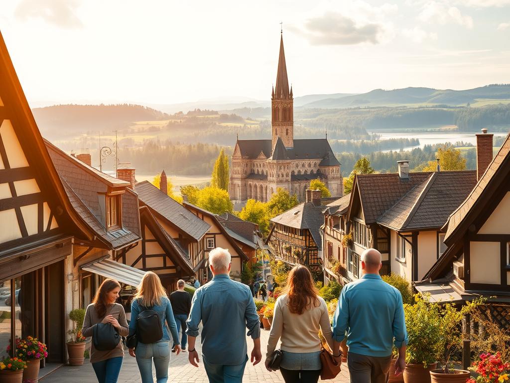 A scenic landscape in Baden-Württemberg, showcasing a vibrant cultural outing. In the foreground, a group of coworkers strolling through a charming village, admiring quaint half-timbered houses and local artisanal shops. In the middle ground, a historic castle or cathedral stands tall, its architecture reflecting the region's rich heritage. The background features rolling hills, lush forests, and a glimpse of a serene lake or river. Warm, golden sunlight filters through the scene, creating a welcoming and inviting atmosphere. The overall composition captures the essence of a memorable cultural excursion, perfect for a team-building adventure or a day of discovery in Baden-Württemberg.