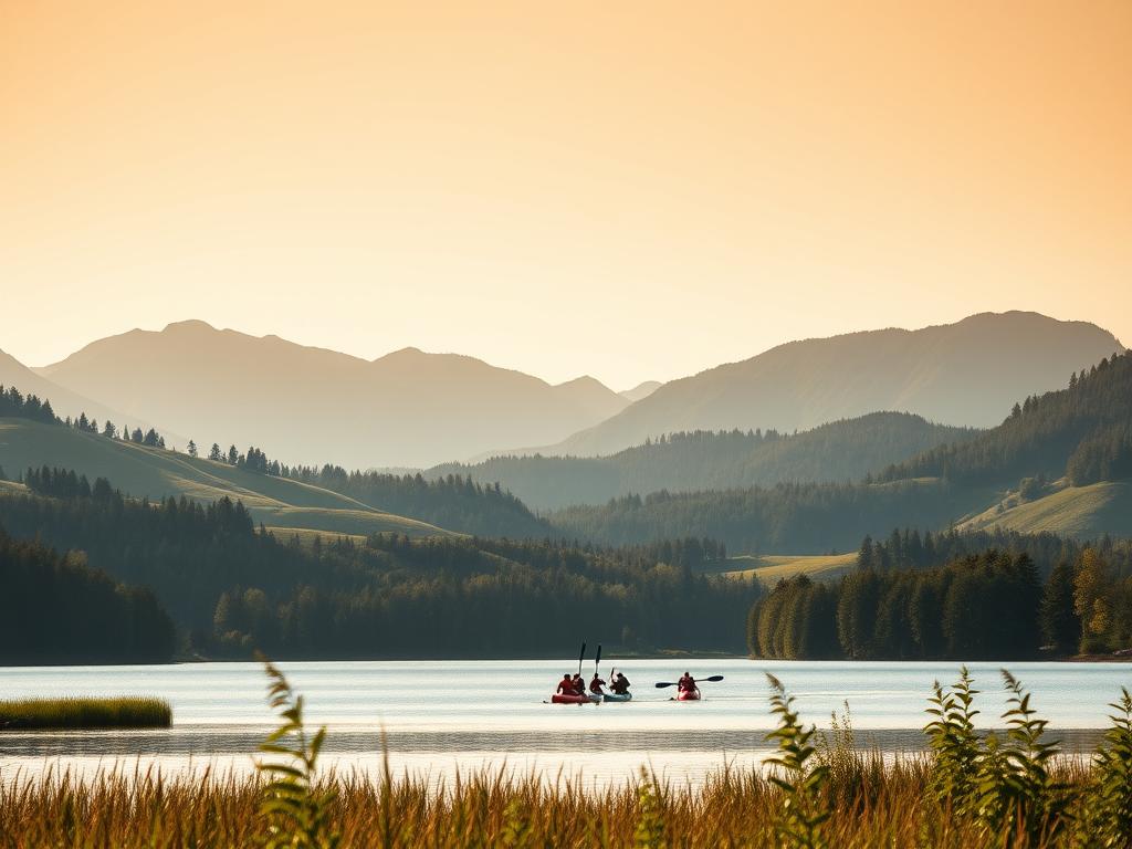 A scenic landscape in Baden-Württemberg, with rolling hills, lush forests, and a tranquil lake in the foreground. In the middle ground, a group of colleagues engaged in a dynamic team-building activity, such as kayaking or stand-up paddleboarding on the calm waters. The background features a backdrop of picturesque mountains, bathed in warm, golden sunlight that casts a serene, naturalistic atmosphere. The scene conveys a sense of camaraderie, adventure, and connection among the team, as they collaborate and bond through the shared experience of the outdoor activity.