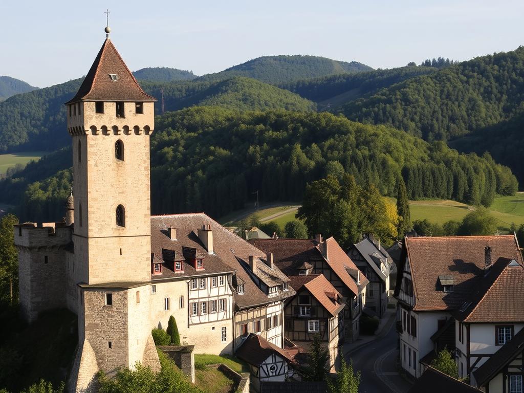 A scenic landscape of historical buildings nestled in the rolling hills of Baden-Württemberg, Germany. In the foreground, a striking medieval castle stands tall, its weathered stone walls and turrets casting dramatic shadows. The middle ground features a quaint village with half-timbered houses and narrow cobblestone streets, suggesting a bygone era. In the background, a series of gently sloping hills are blanketed in lush, verdant foliage, creating a serene and picturesque backdrop. The lighting is soft and diffused, lending a sense of timelessness to the scene. The overall mood is one of quiet contemplation, inviting the viewer to explore the cultural treasures and hidden gems of this beautiful region.