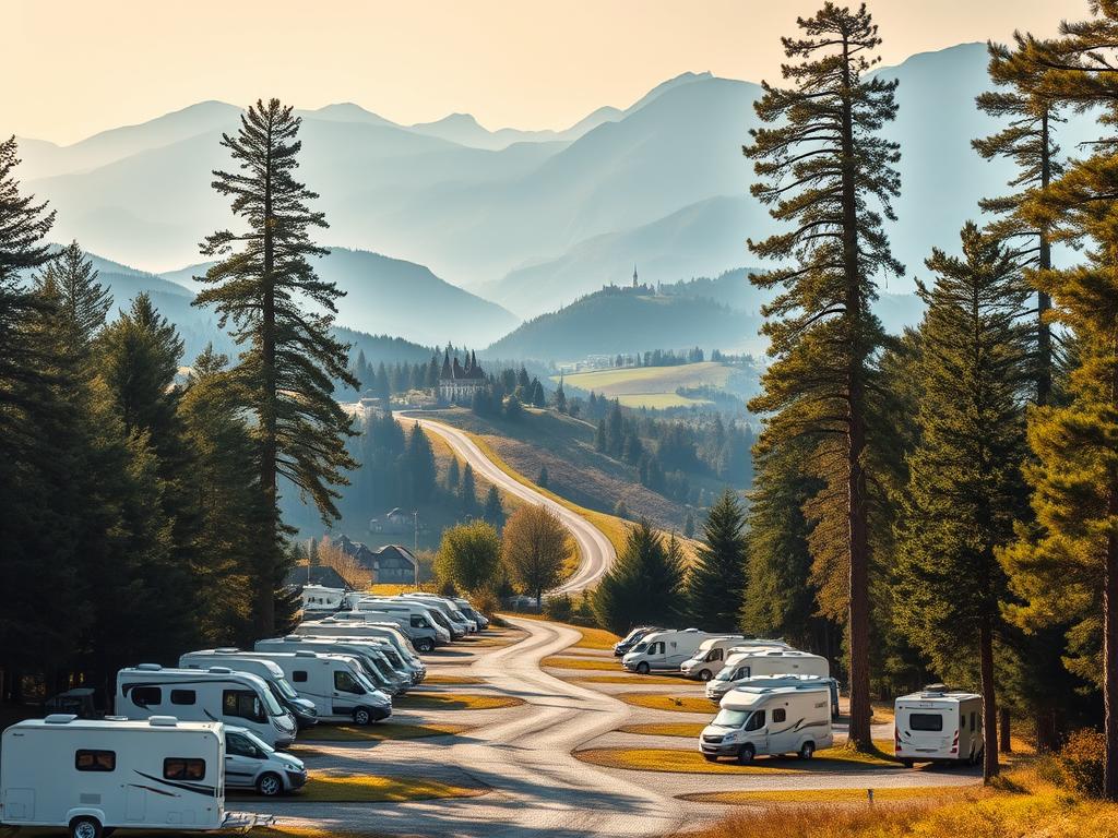 A scenic landscape of picturesque motorhome campsites nestled amidst the rolling hills and lush forests of Baden-Württemberg. In the foreground, well-maintained gravel lots dotted with sleek, modern RVs, their occupants enjoying the serenity of the natural surroundings. Towering pine trees line the perimeter, casting warm, golden light across the scene. In the middle ground, a winding road leads deeper into the countryside, past charming villages and medieval castles. The background features hazy, blue-tinged mountains, their peaks cutting a dramatic silhouette against the sky. The overall atmosphere is one of tranquility and outdoor adventure, inviting visitors to immerse themselves in the beautiful landscapes of southern Germany.
