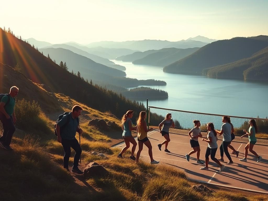 A scenic outdoor landscape with a group of people engaged in various sports and activities. In the foreground, a family is hiking up a winding mountain trail, their figures silhouetted against the warm afternoon sun. In the middle ground, a team of friends are playing a spirited game of volleyball on a well-maintained court, their laughter and movement captured in a dynamic, energetic composition. In the background, a serene lake reflects the surrounding hills and forests, creating a peaceful, tranquil atmosphere. The lighting is soft and natural, with long shadows cast by the athletes. The scene conveys a sense of adventure, camaraderie, and a healthy, active lifestyle.
