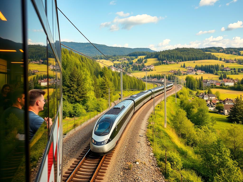A scenic railway journey through the rolling hills and picturesque landscapes of Bavaria and Baden-Württemberg. A modern, sleek train glides along the tracks, its streamlined silhouette reflecting the sunlight. Lush, verdant forests flank the route, dotted with quaint villages and historic towns. The interior of the train is bathed in a warm, golden glow, with passengers gazing out the large, panoramic windows, taking in the breathtaking vistas. The train's efficient and reliable connectivity symbolizes the convenience and cost-effectiveness of commuting by rail between these two southern German states.