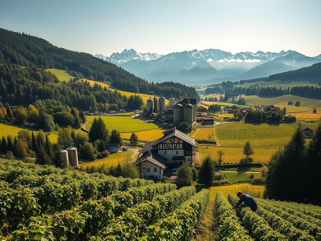 A scenic, sun-dappled landscape of rolling hills and verdant fields, dotted with traditional Bavarian-style breweries nestled amid dense, lush foliage. In the foreground, workers tend to hops trellises and tend to the harvest, while in the middle ground, towering grain silos and fermentation tanks stand as testaments to the region's commitment to sustainable, artisanal brewing practices. In the background, the snow-capped peaks of the Bavarian Alps rise majestically, creating a serene, picturesque backdrop. The scene is bathed in a warm, golden glow, evoking a sense of timelessness and the harmony between nature and industry. The overall impression is one of traditional craftsmanship, environmental stewardship, and a deep reverence for the local terroir.