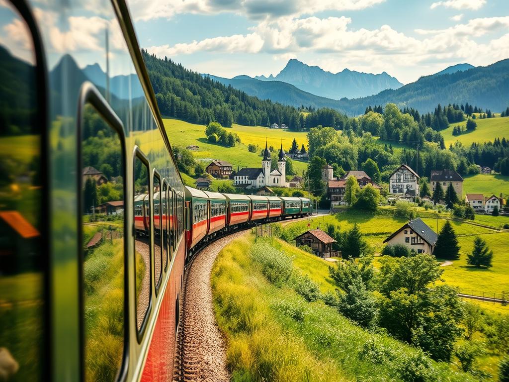 A scenic train journey through the verdant landscapes of Bavaria, as it winds its way towards the picturesque regions of Baden-Württemberg. The sleek, modern locomotive glides effortlessly past rolling hills dotted with quaint villages, their timber-framed houses and church steeples peeking out amidst a tapestry of lush greenery. Sunlight filters through the carriage windows, casting a warm, golden glow over the passengers gazing out at the idyllic countryside. In the distance, the peaks of the Black Forest mountains rise majestically, their rugged silhouettes framing the horizon. This tranquil, immersive railway experience captures the essence of the serene, rural beauty that defines the heart of southwestern Germany.