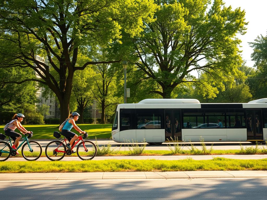 A scenic urban landscape depicting sustainable mobility. In the foreground, a group of cyclists pedaling along a dedicated bike lane, their sleek bicycles in vibrant hues. In the middle ground, a modern electric bus gliding silently, its passengers visible through the glass. In the background, a lush green park with towering trees, their leaves casting dappled shadows on the scene. The lighting is soft and natural, evoking a sense of tranquility. The overall mood is one of environmental harmony, with the different modes of transportation coexisting in a well-designed, pedestrian-friendly urban setting.