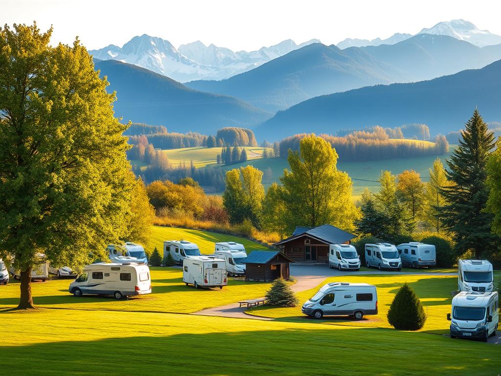 A scenic view of a well-appointed Wohnmobilstellplatz (motorhome rest stop) nestled in the picturesque Bavarian countryside. In the foreground, neatly arranged motorhomes and campers rest on a meticulously groomed grassy expanse, surrounded by lush, verdant trees that sway gently in the soft breeze. The middle ground features a quaint, rustic cabin or service building, its weathered wood and charming architecture blending seamlessly with the natural environment. In the background, the rolling hills of the Bavarian Alps rise majestically, their snow-capped peaks glimmering in the warm, golden sunlight that bathes the entire scene in a serene, tranquil atmosphere. The overall impression is one of a peaceful, picturesque haven for outdoor enthusiasts and nature lovers seeking a rejuvenating respite.