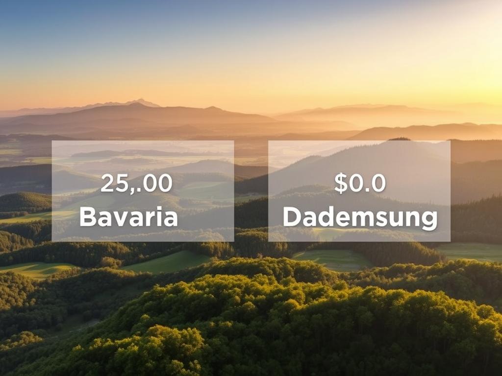 A serene aerial view of two adjacent regions, Bavaria and Baden-Württemberg, with lush green landscapes in the foreground, rolling hills and forests in the middle ground, and the distant peaks of the German Alps in the background. The scene is bathed in warm, golden light, creating a sense of tranquility and harmony. In the center, a pair of side-by-side charts or graphs display the comparative real estate prices between the two states, presented in a clean, infographic-style layout that seamlessly integrates with the natural scenery. The overall composition strikes a balance between the objective data visualization and the captivating natural setting, inviting the viewer to contemplate the relationship between the rural and urban living costs in southern Germany.