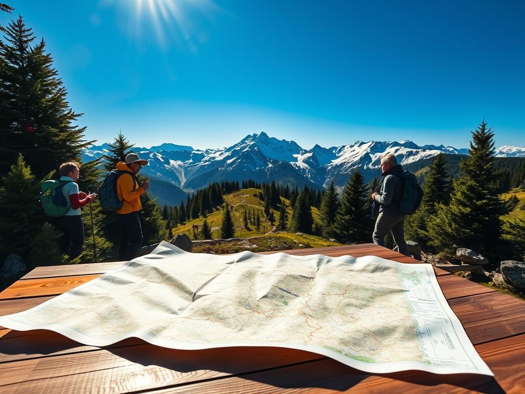 A serene alpine landscape unfolds, with snow-capped peaks rising majestically against a clear, azure sky. In the foreground, a group of hikers carefully plan their mountain trek, studying a detailed topographic map spread out on a wooden table. Sunlight filters through the surrounding lush pine forests, casting a warm glow on the scene. In the middle ground, a well-marked hiking trail winds its way up the gently sloping terrain, inviting the adventurous to explore. Compact backpacks, sturdy hiking boots, and warm layers of clothing suggest the preparation and care required for a successful and safe mountain excursion. The overall atmosphere is one of tranquility, adventure, and a deep appreciation for the natural wonders of the Alps.