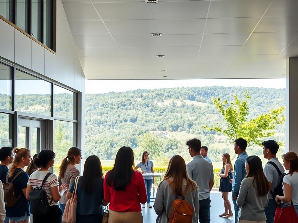 A serene and inviting training center, with a modern and welcoming facade. The entrance is flanked by large windows, letting in an abundance of natural light. In the foreground, a group of diverse young adults engage in animated discussions, exploring potential career paths and educational opportunities. The middle ground features sleek, well-equipped classrooms, where instructors guide students through hands-on learning experiences. In the background, a lush, verdant landscape provides a calming backdrop, hinting at the broader possibilities that await these aspiring individuals. The scene exudes a sense of optimism, opportunity, and the promise of personal growth and fulfillment.