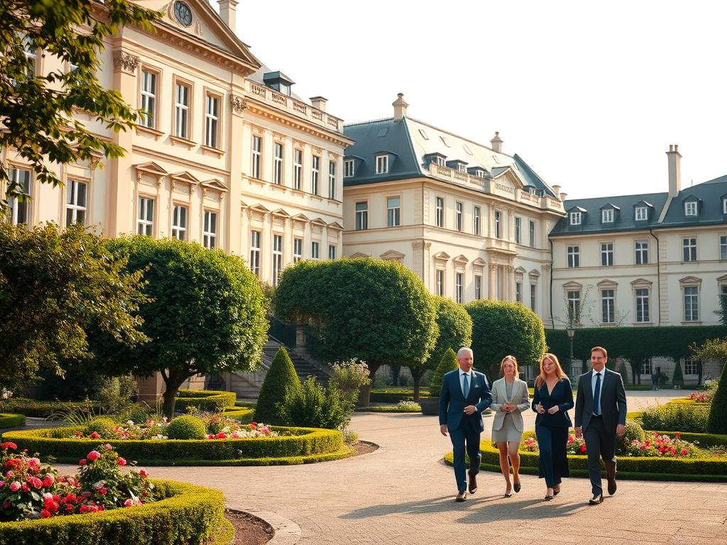 A serene and stately family-owned business complex situated in the heart of Germany. The grand, neoclassical-style buildings stand tall, their ornate facades exuding a sense of timeless tradition and enduring legacy. Lush, manicured gardens surround the estate, their verdant greenery and blooming flowers adding a touch of pastoral elegance. In the foreground, a group of well-dressed professionals stroll through the courtyard, engaged in animated discussions, symbolizing the vibrant, close-knit nature of this multigenerational enterprise. Warm, diffused lighting bathes the scene, casting a soft, golden glow and conveying a sense of prosperity and stability. The overall composition suggests the deep-rooted importance of family-owned businesses in shaping Germany's economic and cultural landscape.
