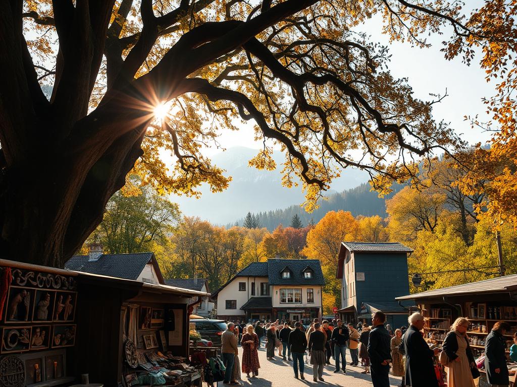 A serene autumn day in the Black Forest, the golden light filters through the canopy of ancient, gnarled oak trees. In the foreground, a group of local artisans showcasing their handcrafted wares - intricate wood carvings, richly-hued textiles, and fragrant herbal tinctures. The middle ground reveals a quaint village square, where a small crowd gathers around a traditional folk music performance, their faces alight with joy. In the distance, the majestic silhouette of the Feldberg mountain range stands tall, its peaks capped with a dusting of fresh snow. The overall atmosphere is one of quiet contemplation and a deep connection to the region's cultural heritage.