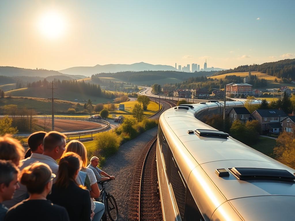 A serene commuter train glides through a picturesque countryside, its sleek silver exterior reflecting the golden rays of the morning sun. In the foreground, a group of passengers peer out the panoramic windows, taking in the scenic vistas of rolling hills, lush forests, and quaint villages. The middle ground depicts a network of well-maintained roads and bike paths, indicating the ease of multimodal transportation. In the background, modern office towers and residential buildings nestle harmoniously within the natural landscape, symbolizing the seamless integration of work and life. The overall atmosphere conveys a sense of efficiency, sustainability, and work-life balance - the key advantages of commuting by rail.