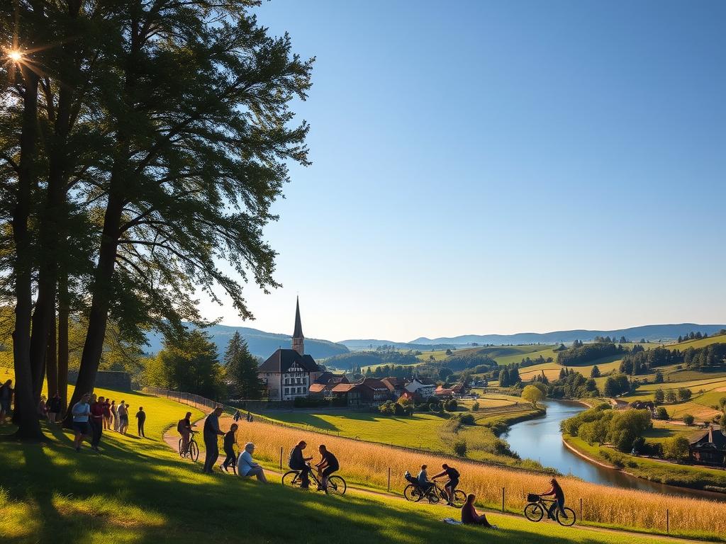 A serene countryside landscape on a sunny day. In the foreground, a group of people engaged in various outdoor activities - hiking, cycling, picnicking under the shade of tall trees. In the middle ground, a quaint village with charming half-timbered houses and a church steeple peeking out. The background features rolling hills, lush meadows, and a winding river reflecting the blue sky. The scene is bathed in warm, golden light, creating a sense of tranquility and rejuvenation. The overall mood is one of rustic charm, natural beauty, and the simple pleasures of rural living.